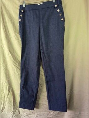 Navy Button-Accent Slim Leg Pants
